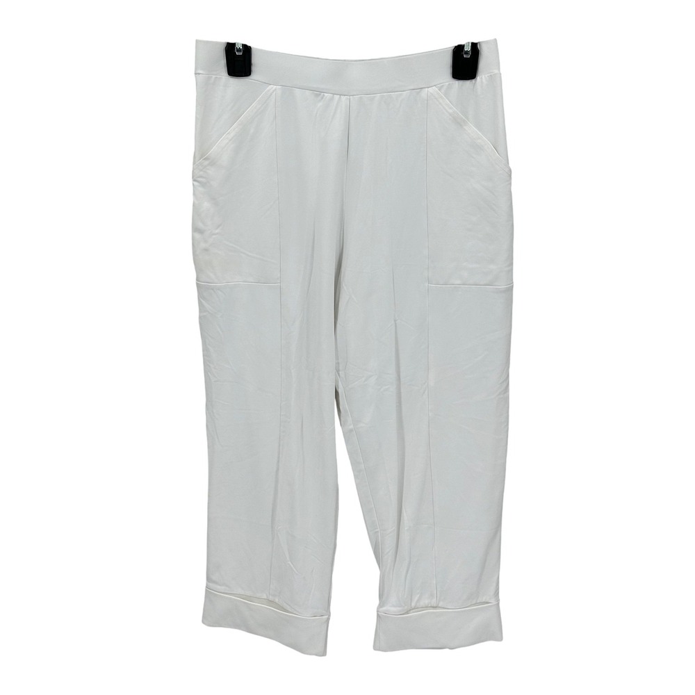 Sympli Pants Womens 8 White Pull‎ On Stretch Cropped Cuffed Pockets Lagenlook